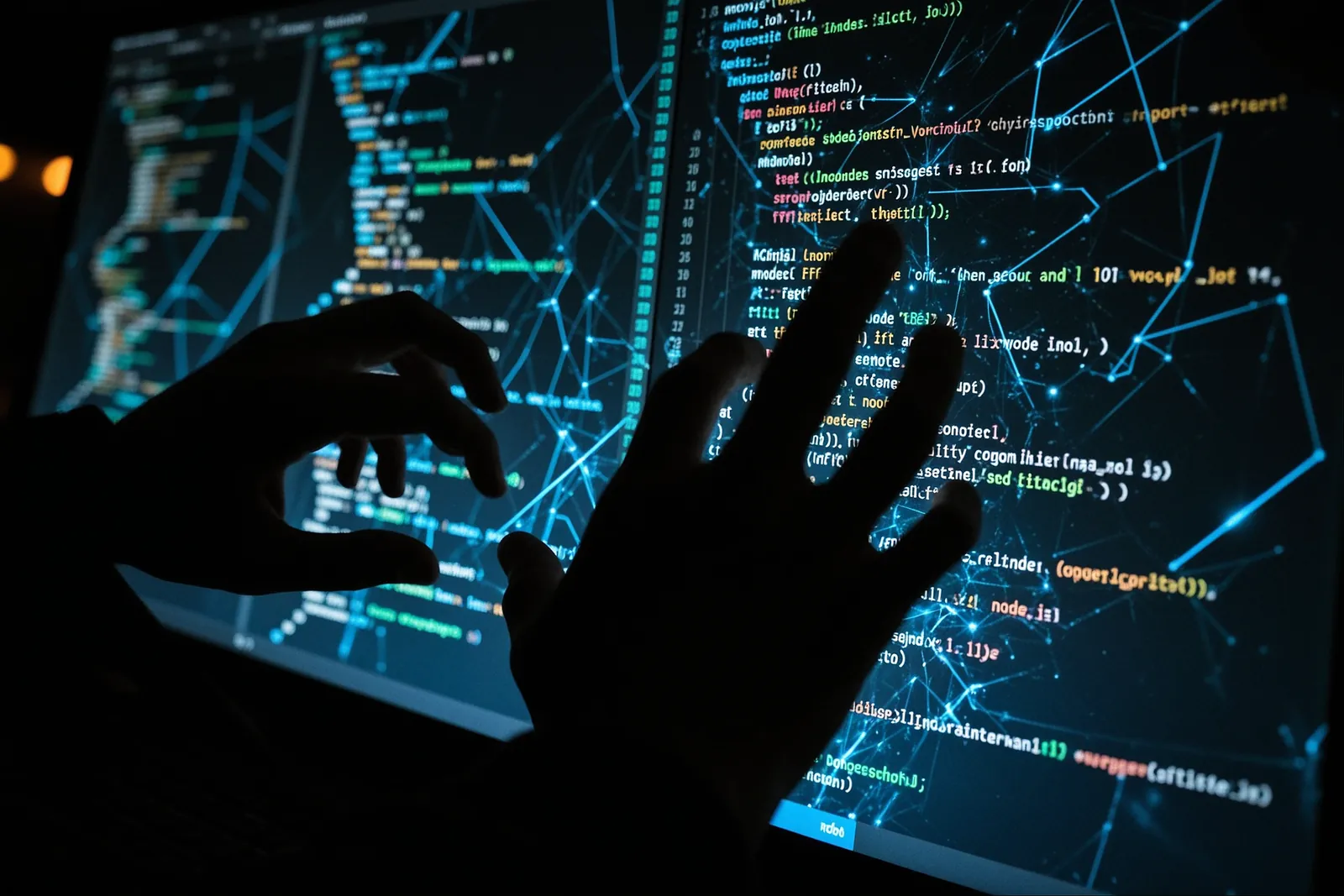 A developer working on a computer with code on the screen.