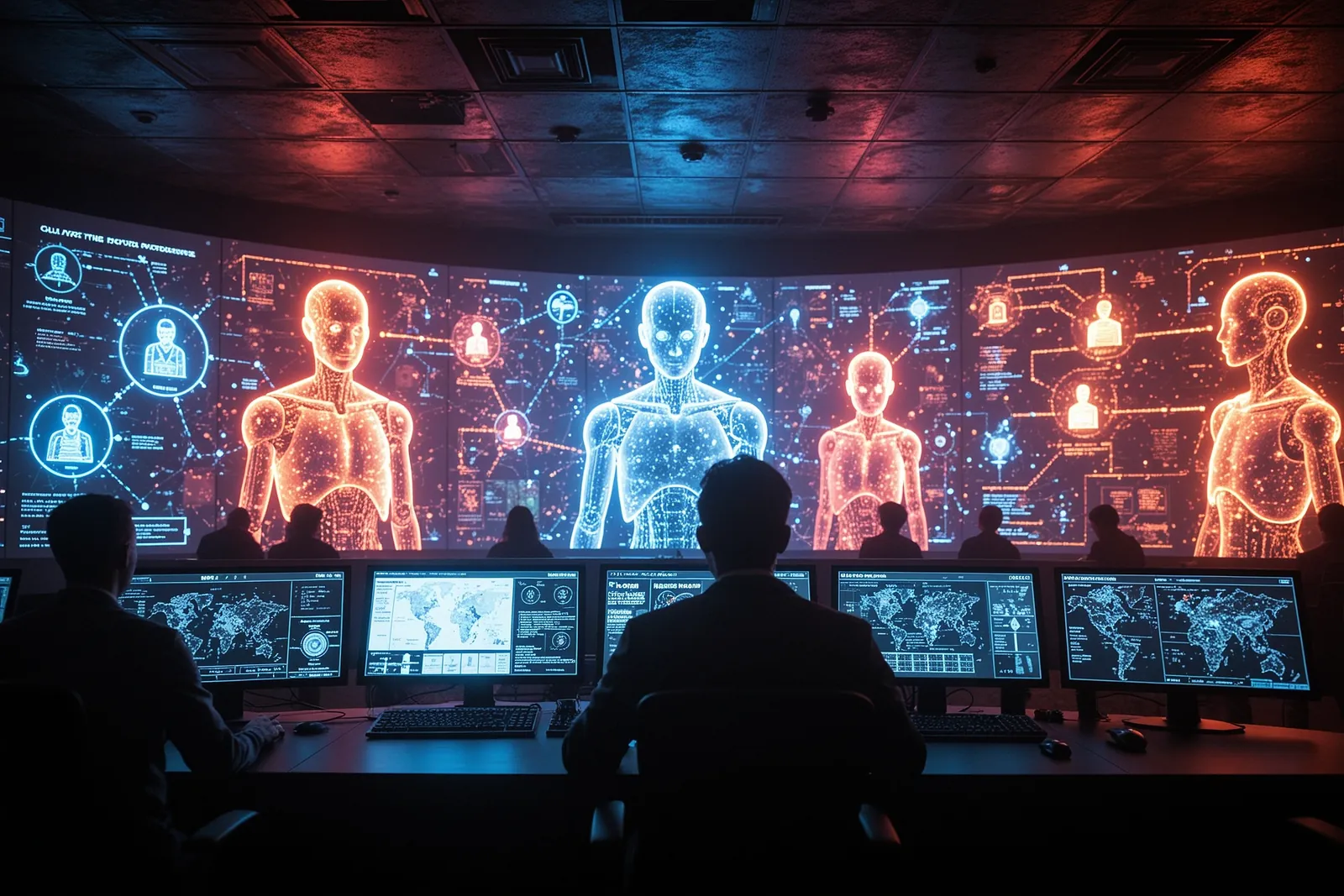 A network of interconnected AI agents working together in a shared environment.