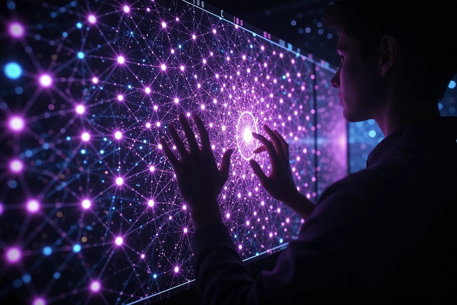 A futuristic AI interface displaying complex code and scientific diagrams.
