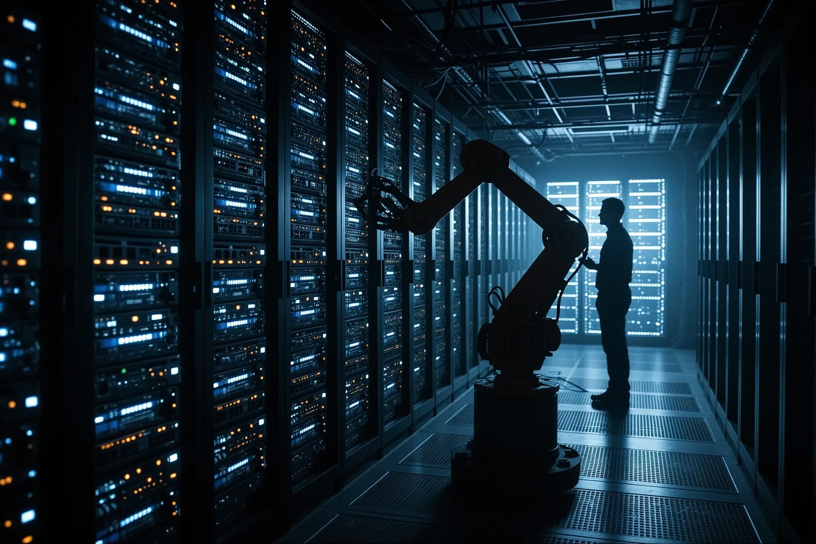 A robot arm performing maintenance in a data center.