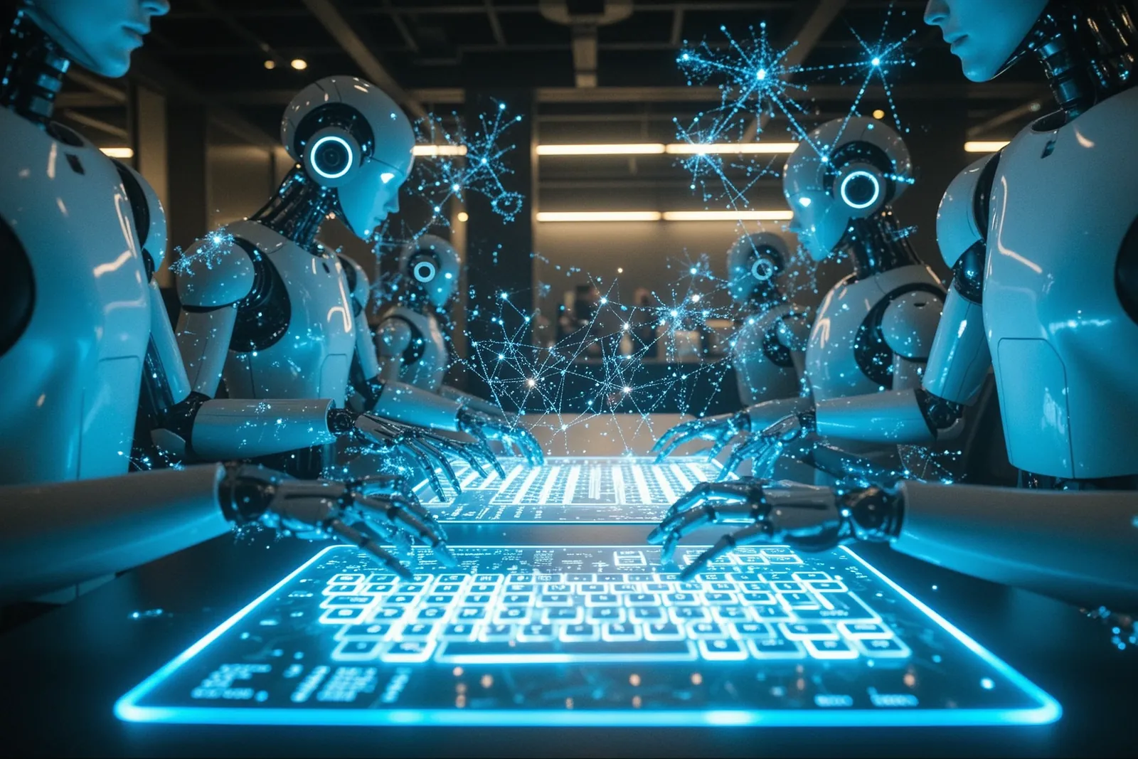 A researcher working at a computer with AI-powered coding agents assisting.