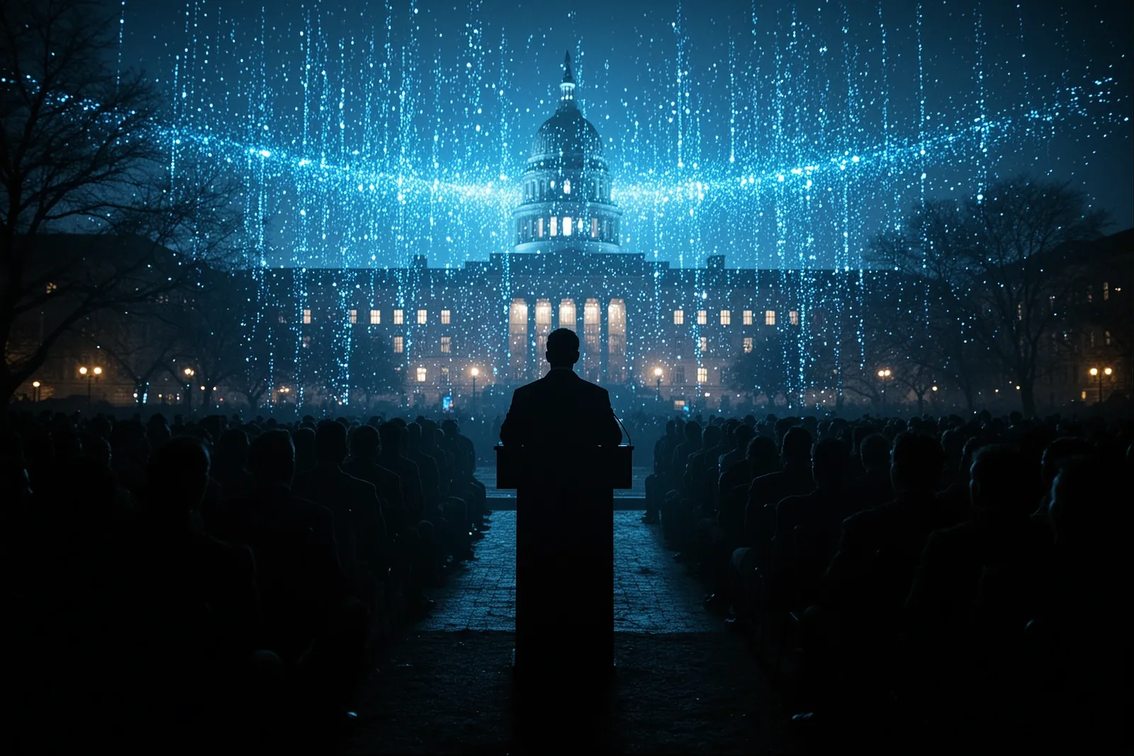 A person speaking at a policy conference with a backdrop of AI-related graphics.