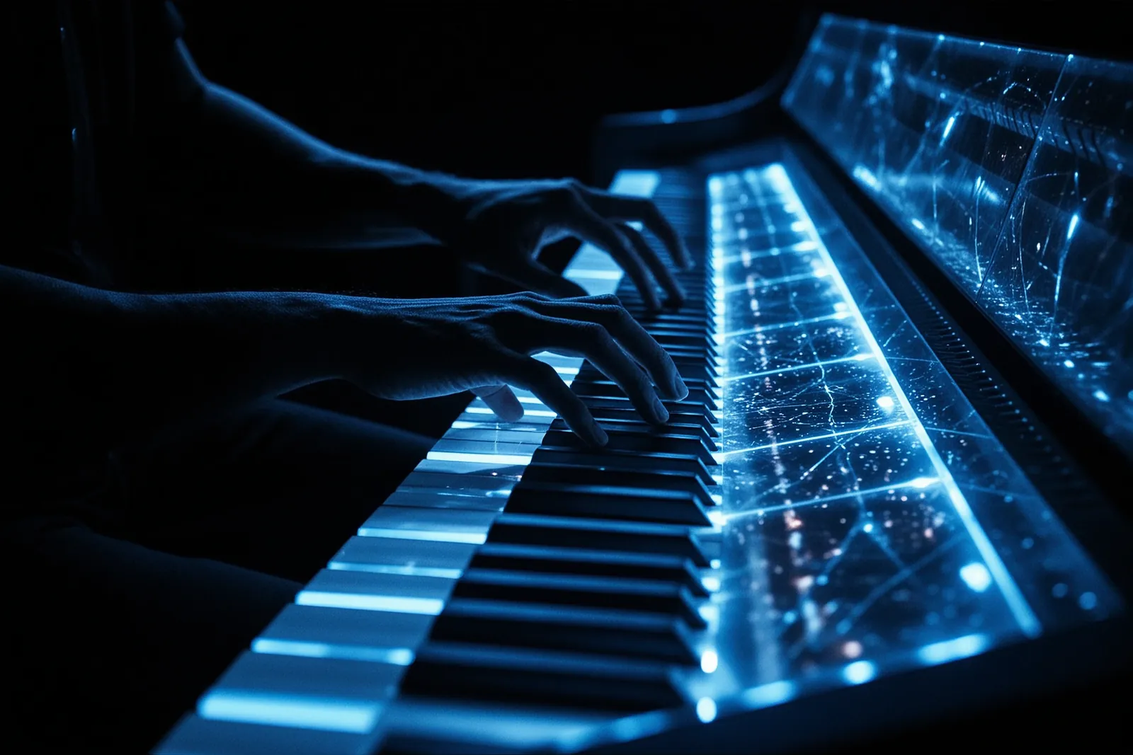 A person using a music production software interface with AI-generated music tracks.