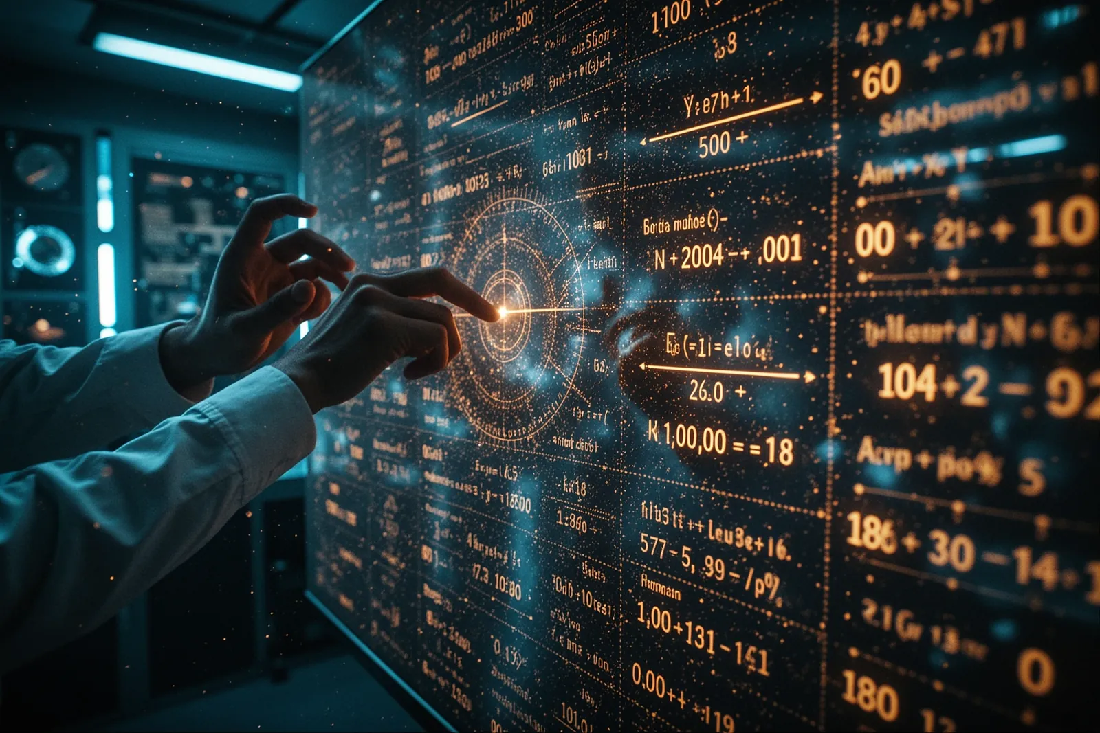 A mathematical equation written on a blackboard with a glowing AI icon next to it.