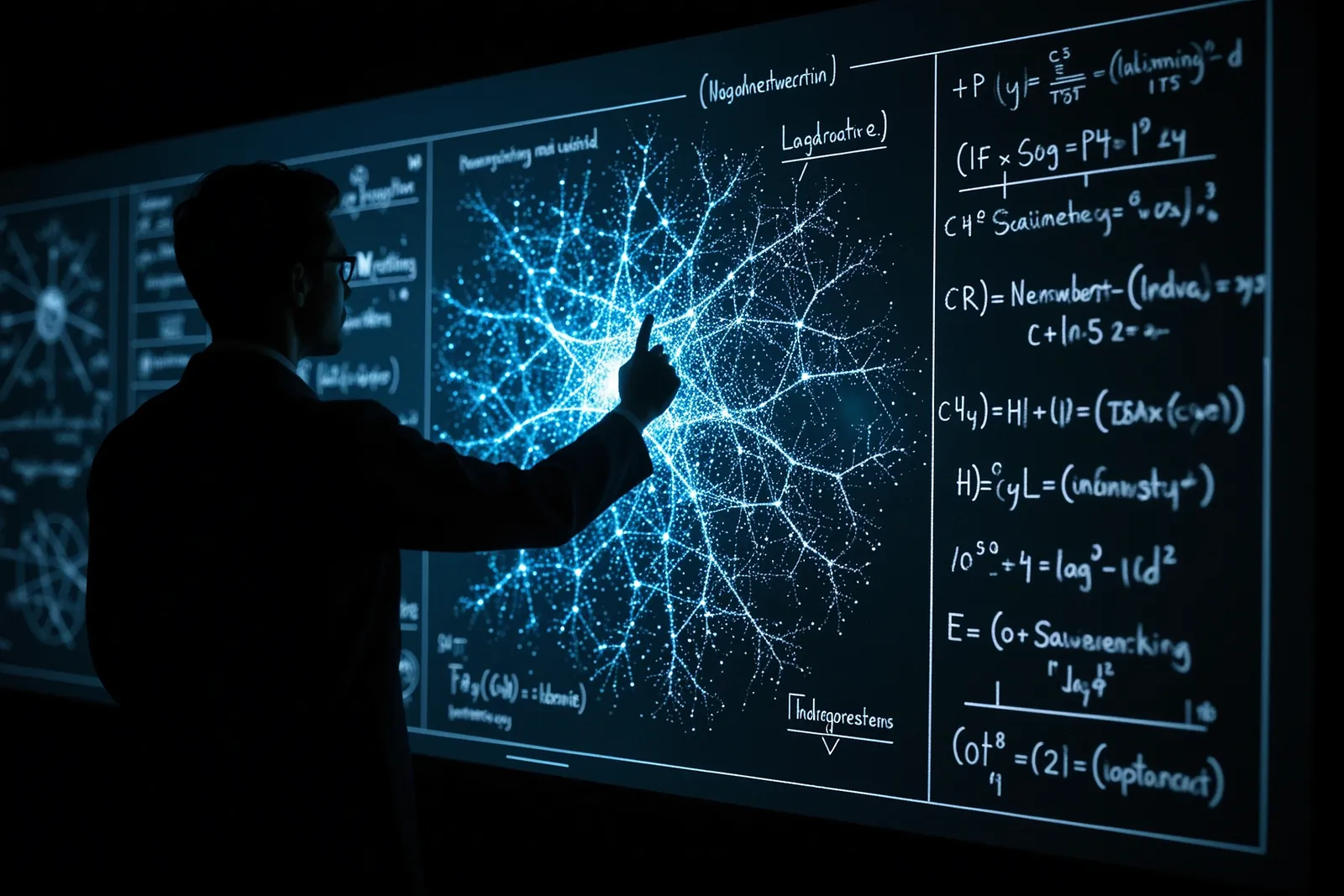 A mathematician working on complex equations at a whiteboard.