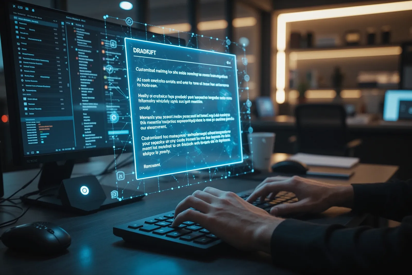 A person using a laptop with an organized inbox and an AI assistant drafting an email.
