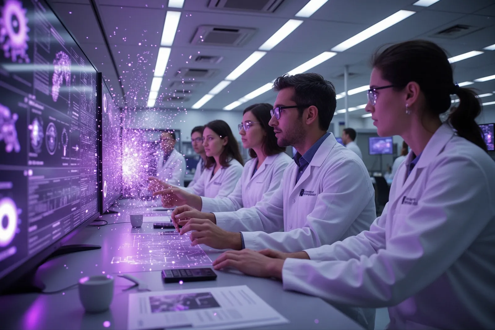 A group of researchers collaborating on a computer screen displaying AI models.
