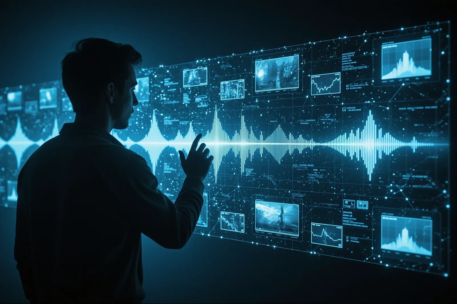 A futuristic AI interface displaying audio and video processing capabilities.