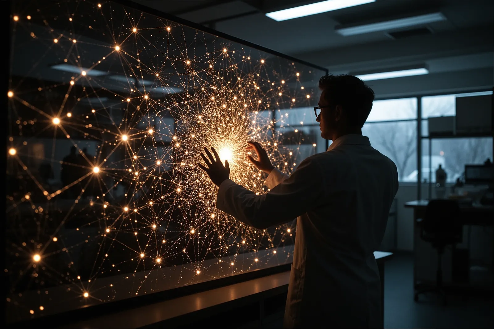 A scientist working in a lab with AI-generated data on a computer screen.