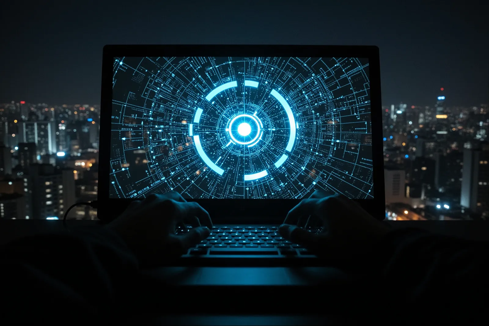 A digital illustration of a hacker figure with a glowing AI symbol.