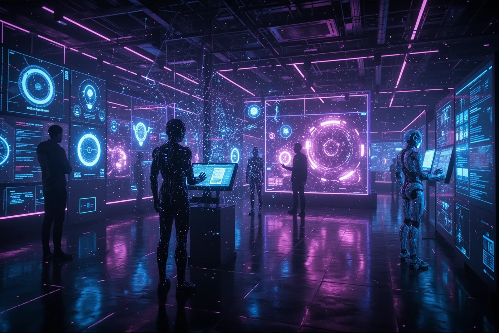 A network of interconnected AI systems communicating in real-time.