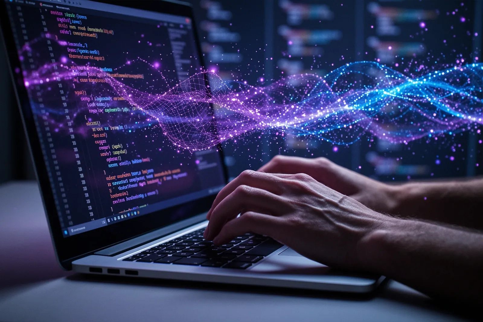 A developer reviewing code on a computer screen.