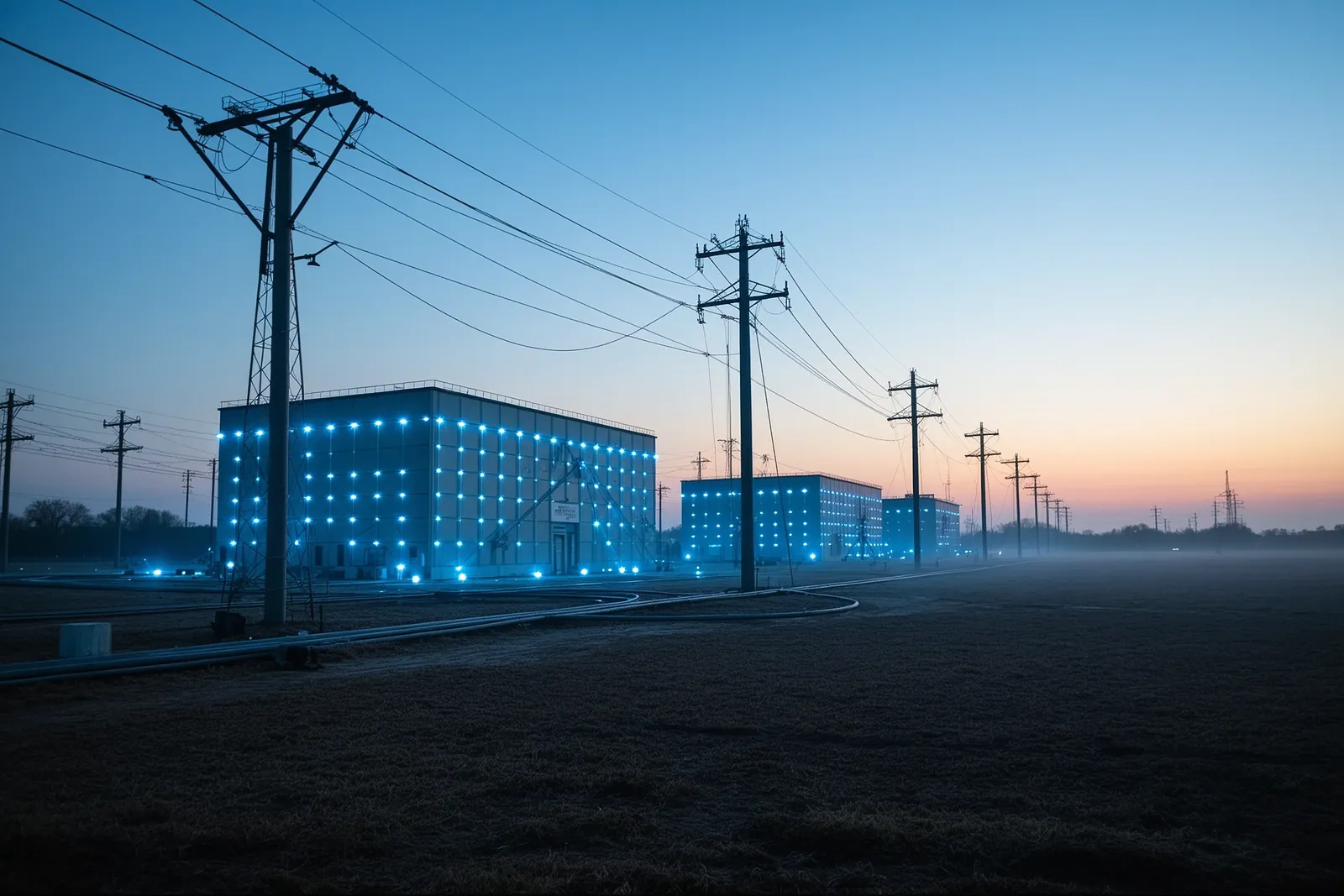A data center with rows of servers under blue lighting.