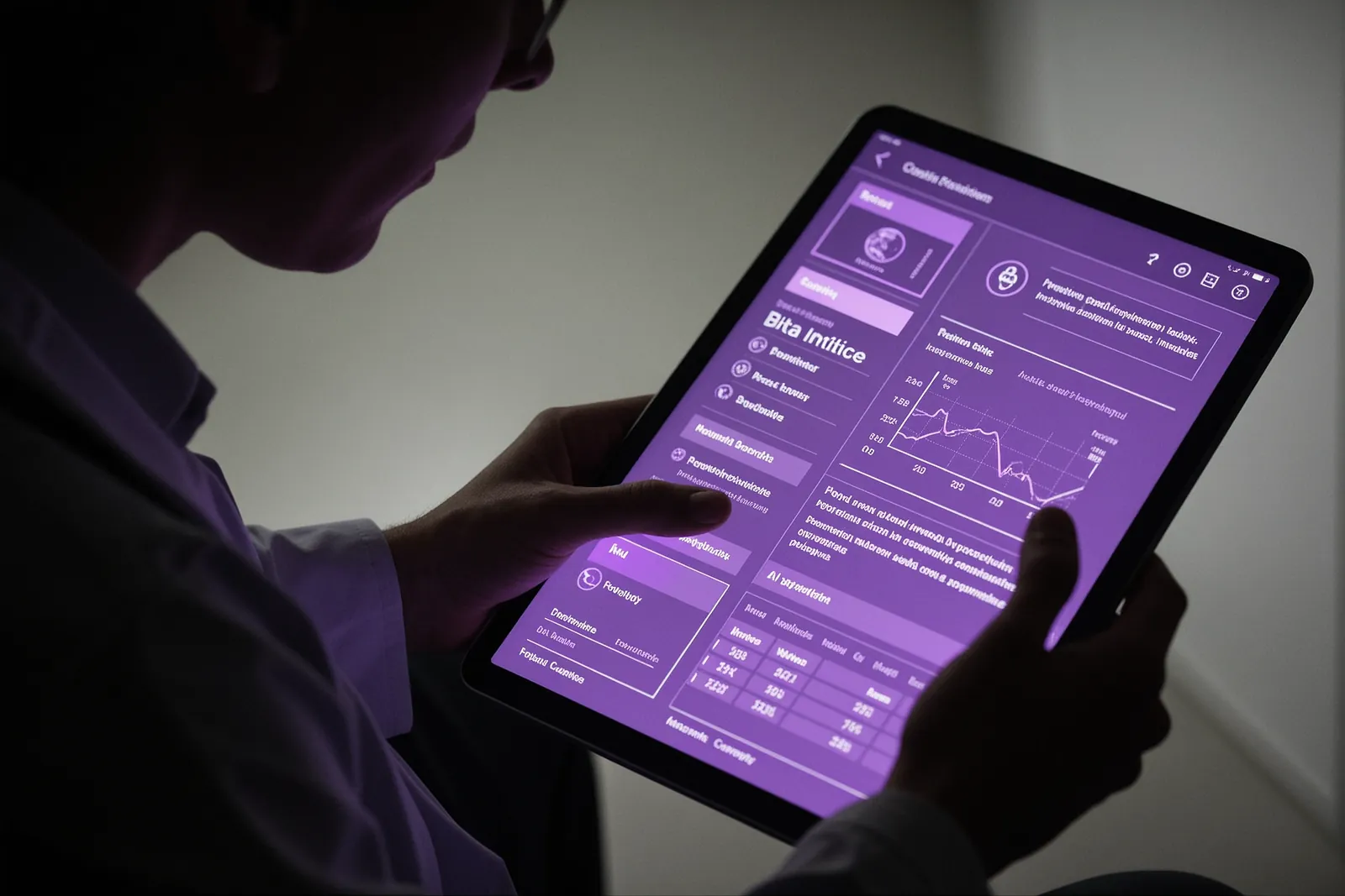 A clinician using a computer to evaluate an AI-assisted psychiatric intake system.