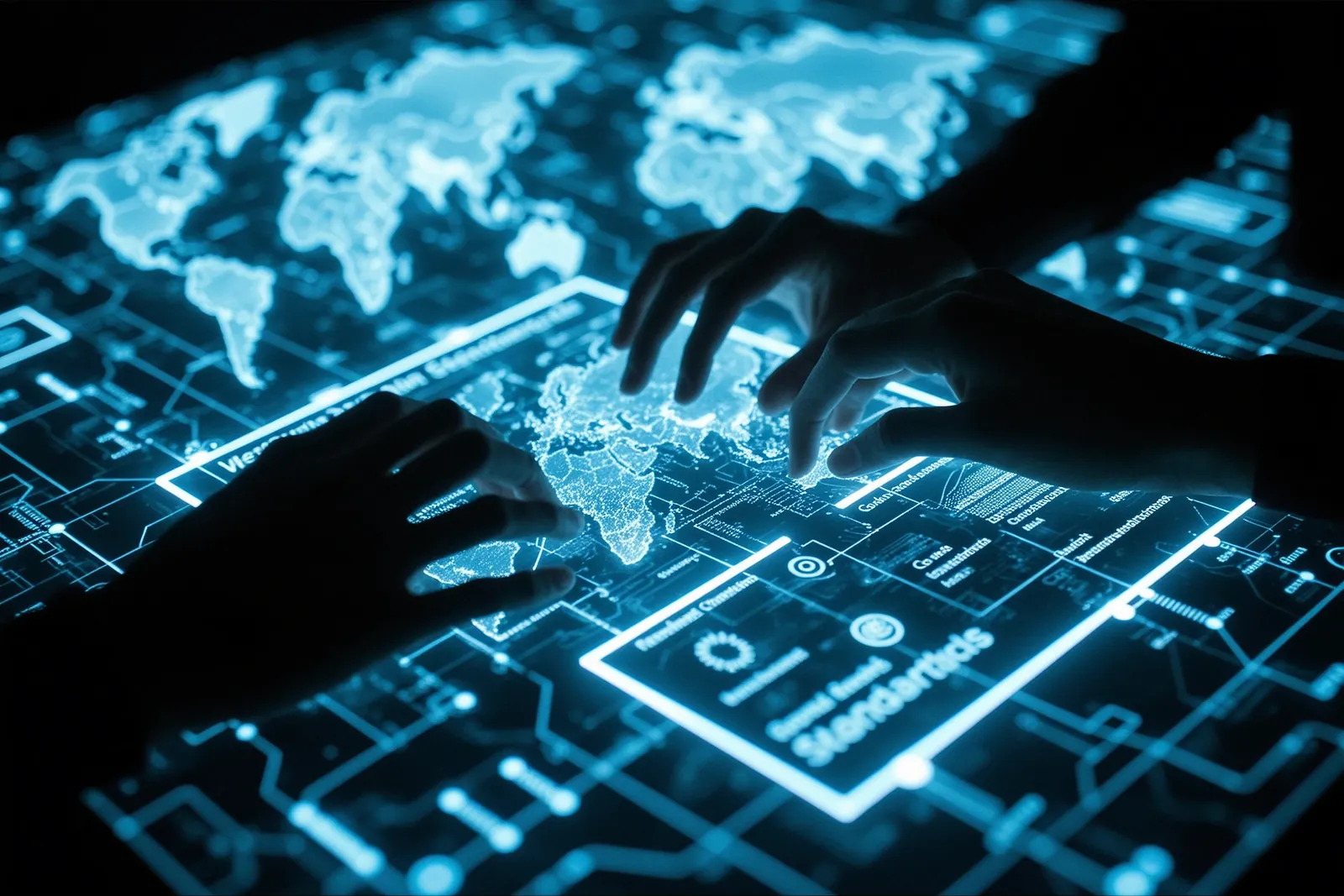 A global map with interconnected nodes representing AI standards and governance.