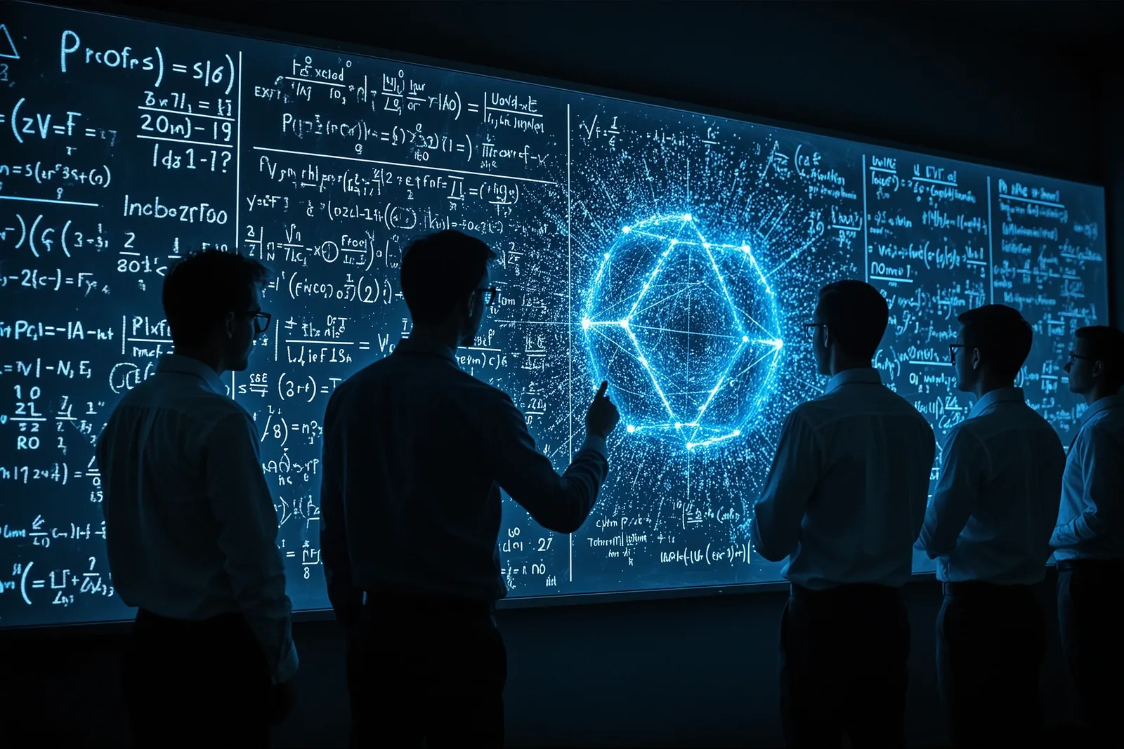 A group of mathematicians discussing a complex equation on a whiteboard.