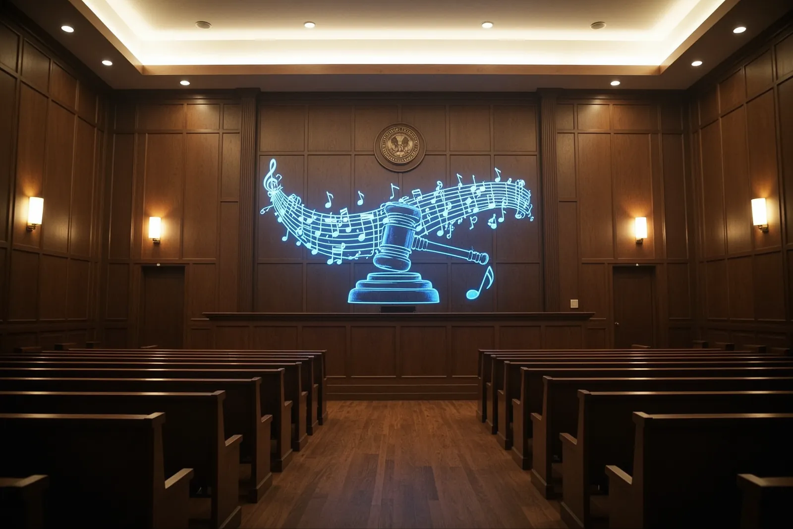 A courtroom scene with lawyers presenting evidence, illustrating the lawsuit against Suno by Sony and UMG.