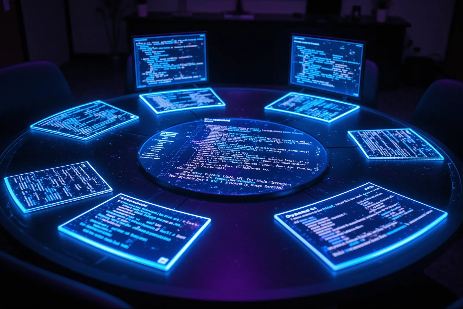 Four AI models debating code on a digital screen, illustrating TruVerif's panel review feature.