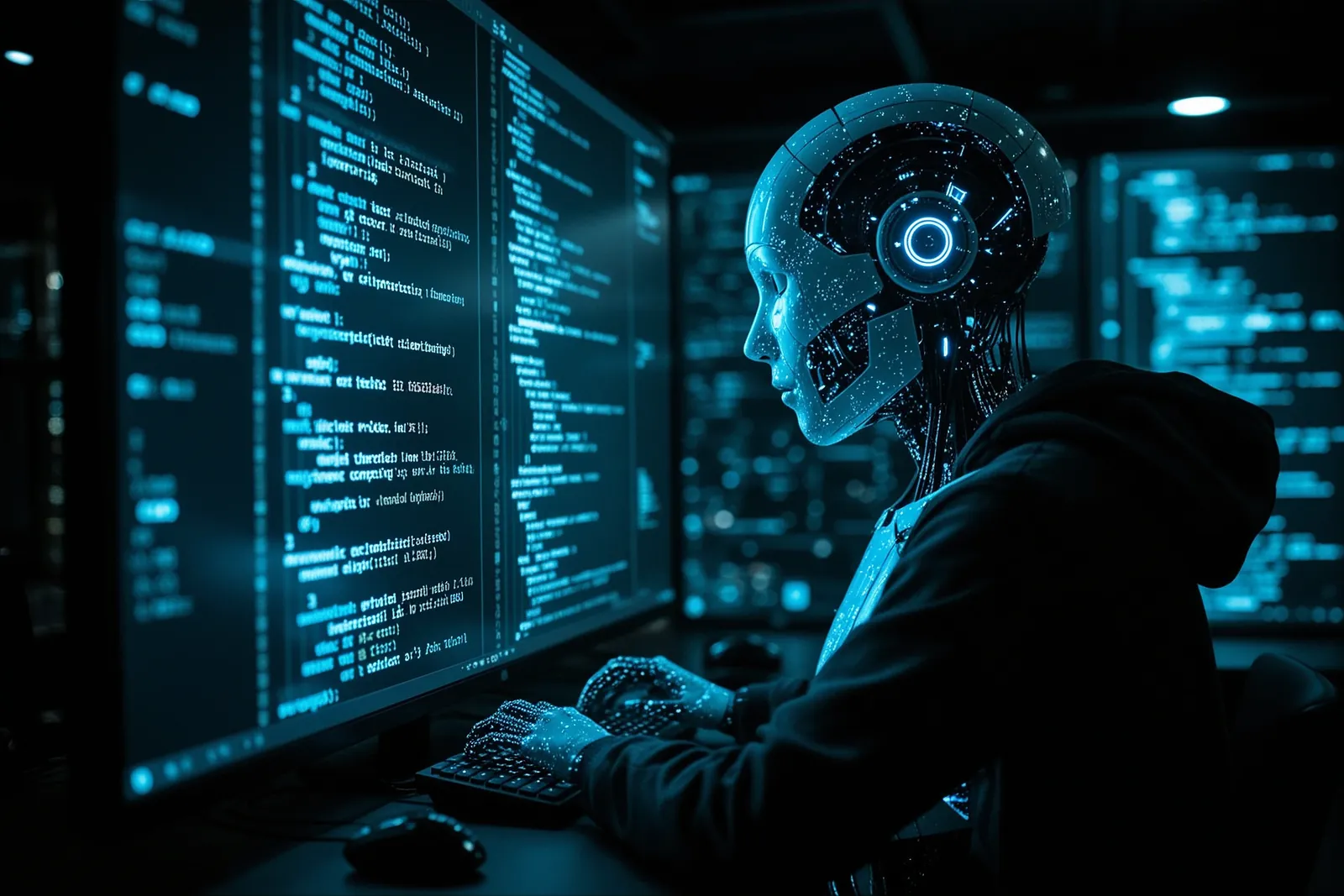 A digital illustration of a hacker using a laptop, representing the advanced hacking capabilities of OpenWeight AI.