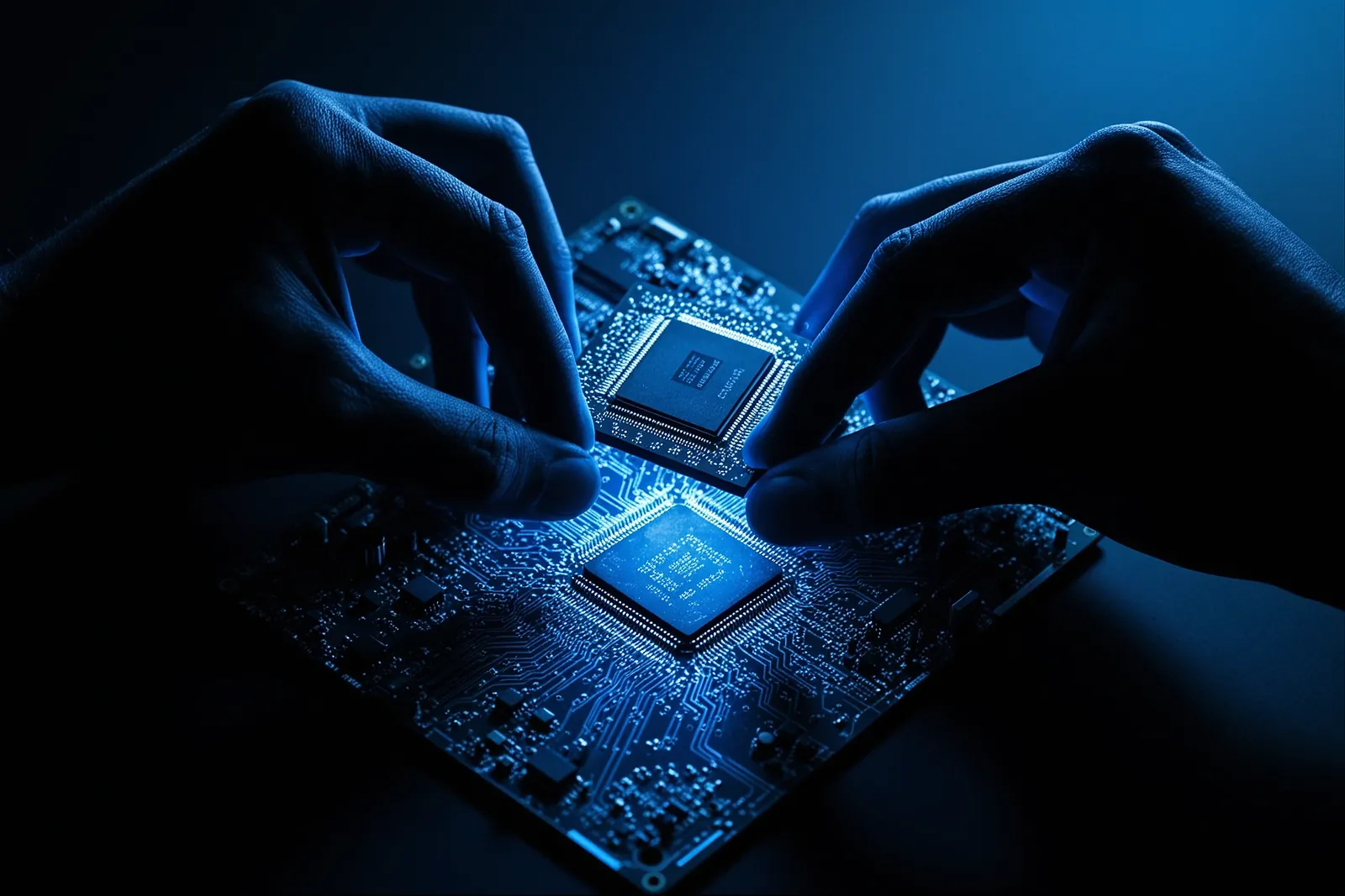 A close-up of Tenstorrent's AI chip under laboratory lighting, highlighting the company's focus on open-weight AI solutions.