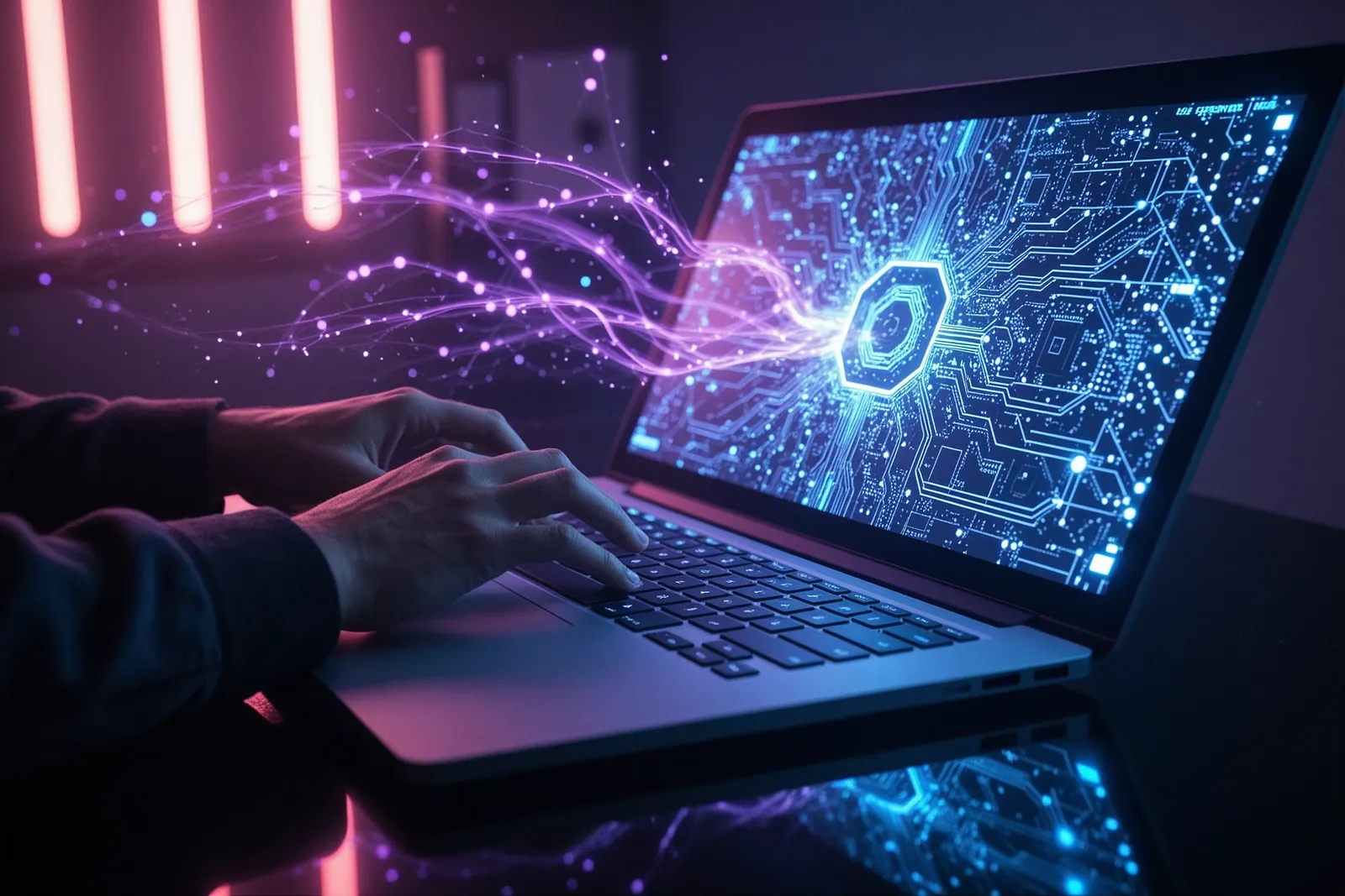 Hands typing on a laptop whose screen shows a glowing blue circuit-board chip, with purple streams of light flowing into it.