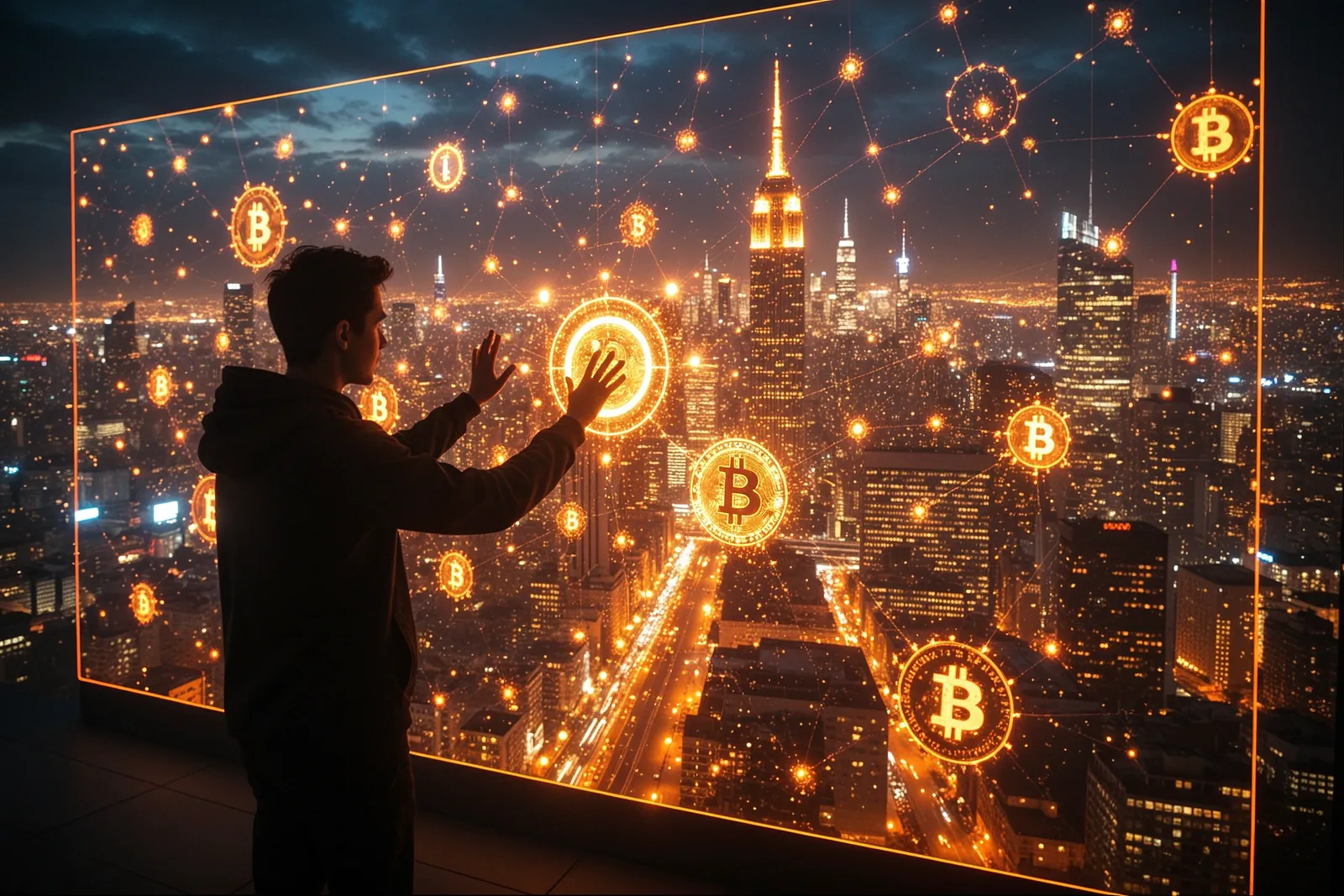 A vibrant cityscape in Southeast Asia with digital icons representing AI and economic growth.