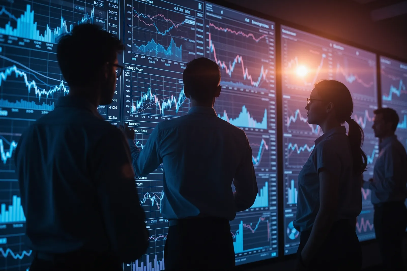 People silhouetted against a wall of glowing stock and market charts in a dark trading room.