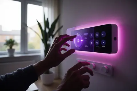 A smart home setup with various connected devices, including a smart speaker, lights, and a thermostat.