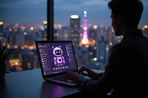 A futuristic cityscape with AI technology symbols floating above buildings.