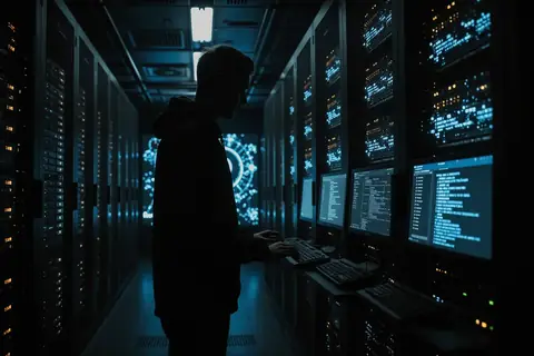 A person using a laptop with a concerned expression, surrounded by AI-related icons.