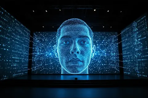 A person's face being scanned by an AI device to create a digital avatar.