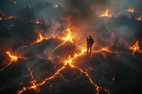 A wildfire burning in a forested area with smoke rising into the sky.