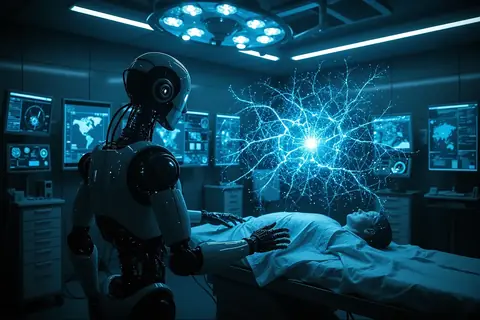 A surgical robot performing a virtual operation in a simulated environment.