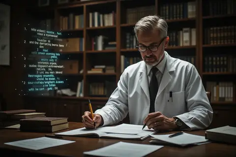 A professor grading papers with a magnifying glass, highlighting a hidden question.