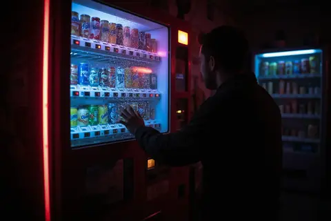 A vending machine with a digital display showing manipulated prices and inventory.