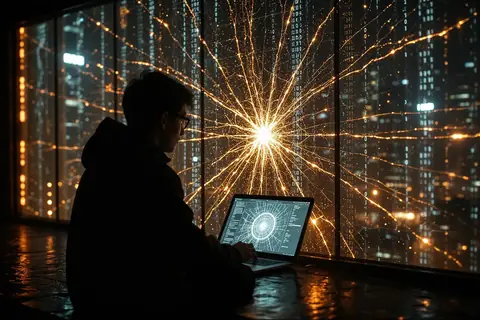 A digital illustration of a hacker figure with a glowing AI symbol.