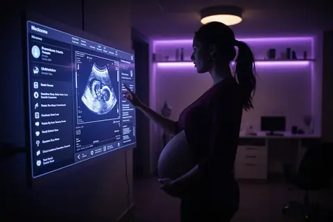 A pregnant woman using a tablet with a prenatal care app open.