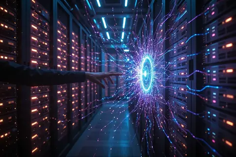 A data center with rows of servers and glowing blue lights.