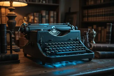 A vintage typewriter on a wooden desk with Victorian-era books.