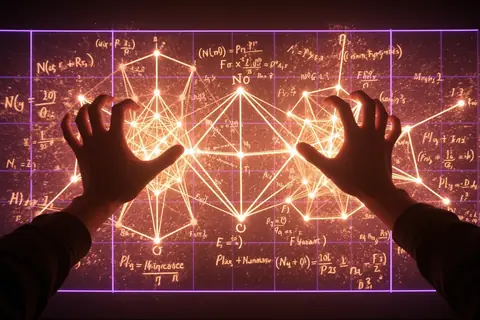 A scientist working at a desk with a computer, surrounded by physics textbooks and notes.