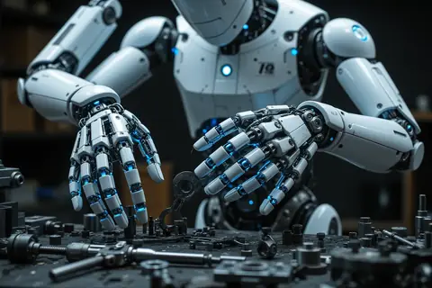A humanoid robot performing complex movements with its entire body.