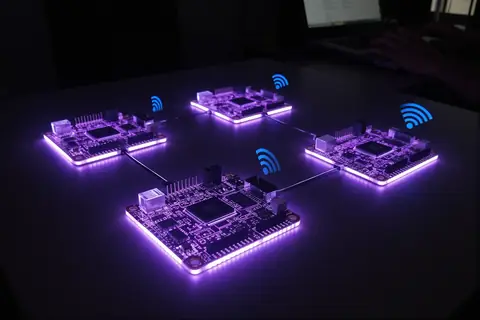 Three ESP32-S3 boards connected wirelessly for distributed AI processing.