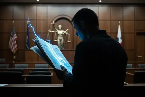 A courtroom with legal documents and a gavel, symbolizing the lawsuit.