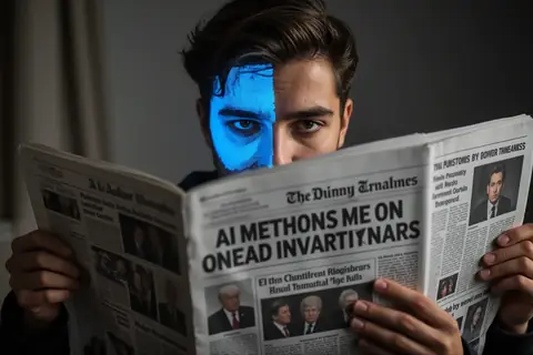 A person reading news headlines on a digital device, with AI icons overlaying the screen.
