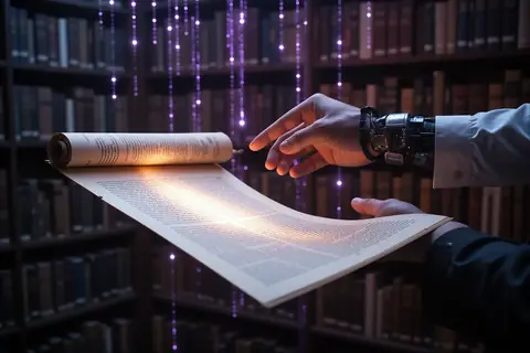 A researcher analyzing data on a computer screen with books and documents in the background.