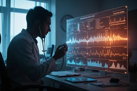 A doctor reviewing medical records with a concerned expression.