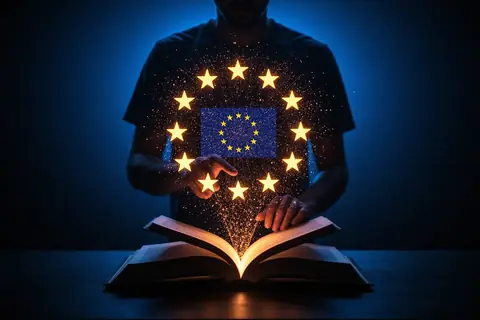 A digital illustration of the European Union flag with AI-related symbols.