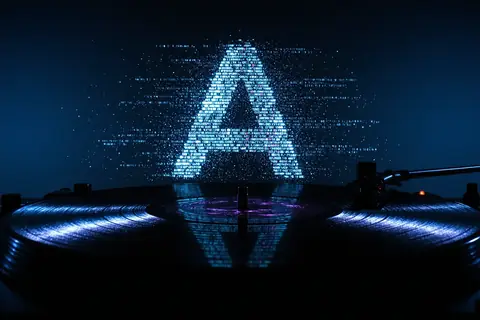 A vinyl record with a digital overlay of AI-generated music notes.