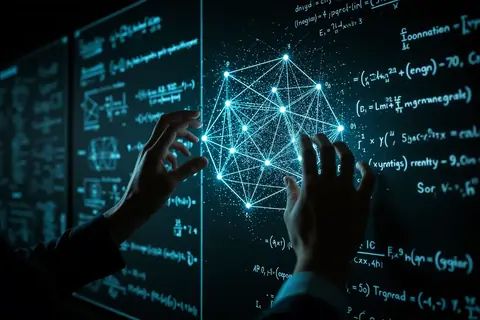 A mathematical equation on a blackboard with geometric shapes and cryptographic symbols.