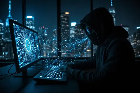 A digital illustration of a hacker figure with binary code and a lock symbol.